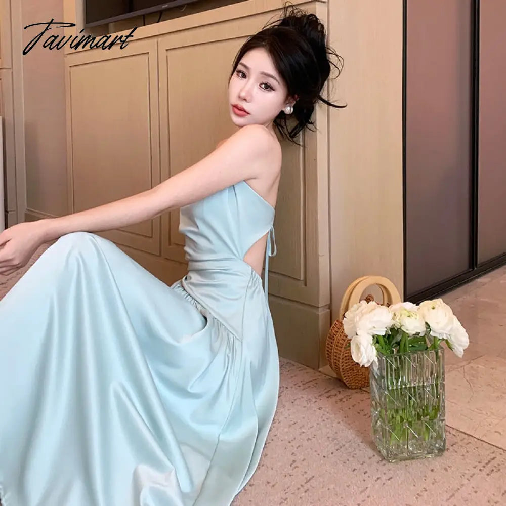 Sexy Backless Beach Dress for Women Summer Beach Holiday Satin Chic Design Spaghetti Strap Elegant Party Long Dresses