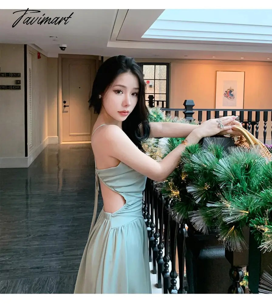 Sexy Backless Beach Dress for Women Summer Beach Holiday Satin Chic Design Spaghetti Strap Elegant Party Long Dresses
