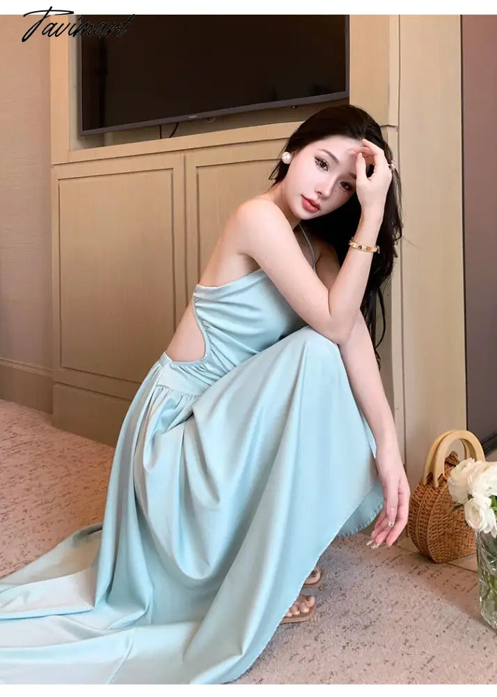 Sexy Backless Beach Dress for Women Summer Beach Holiday Satin Chic Design Spaghetti Strap Elegant Party Long Dresses
