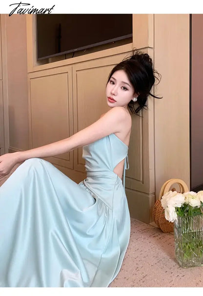 Sexy Backless Beach Dress for Women Summer Beach Holiday Satin Chic Design Spaghetti Strap Elegant Party Long Dresses