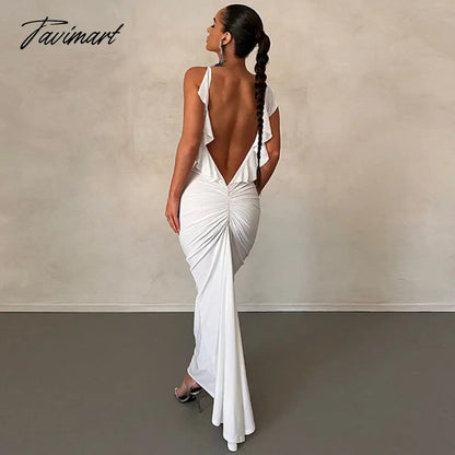 Sexy Backless Sleeveless Slim Maxi Dresses Women Solid Color Evening Night Party Club Ruffles Ruched Long Dress Y2k Outf