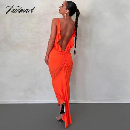 Sexy Backless Sleeveless Slim Maxi Dresses Women Solid Color Evening Night Party Club Ruffles Ruched Long Dress Y2k Outf