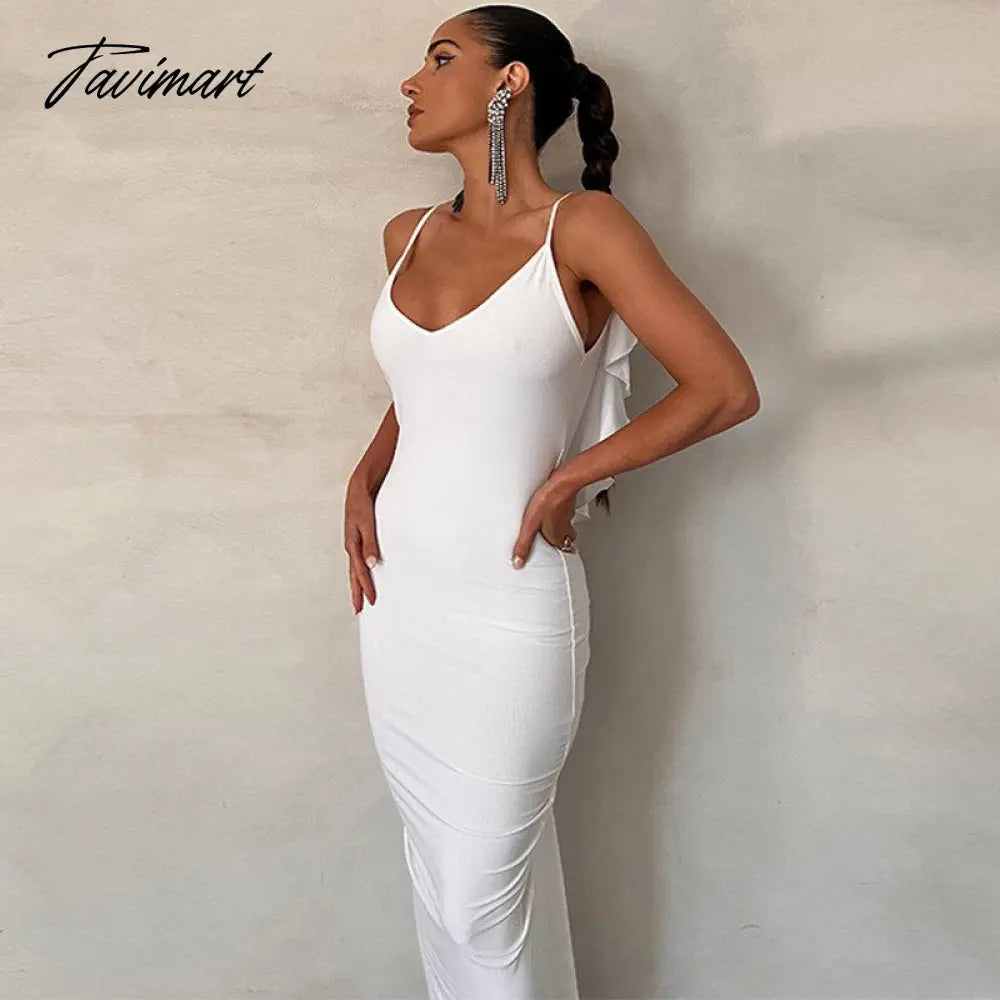 Sexy Backless Sleeveless Slim Maxi Dresses Women Solid Color Evening Night Party Club Ruffles Ruched Long Dress Y2k Outf