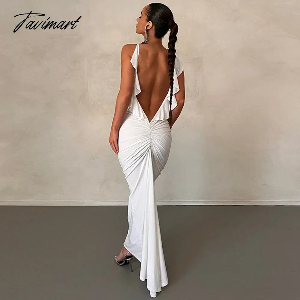 Sexy Backless Sleeveless Slim Maxi Dresses Women Solid Color Evening Night Party Club Ruffles Ruched Long Dress Y2k Outf