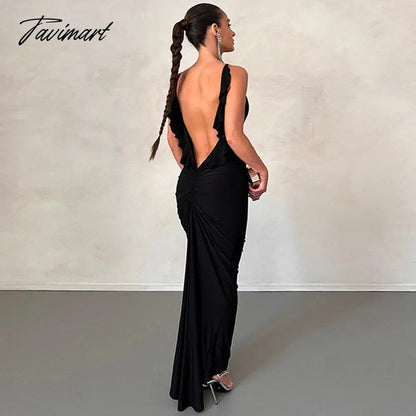 Sexy Backless Sleeveless Slim Maxi Dresses Women Solid Color Evening Night Party Club Ruffles Ruched Long Dress Y2k Outf