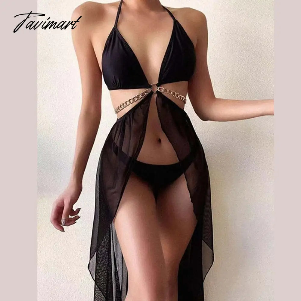Sexy Bikini Sets Cover-ups Beach Outfits Swimwear for Women Three Piece Lace Up Elegant Bikini Blouse Chiffon Long Dress