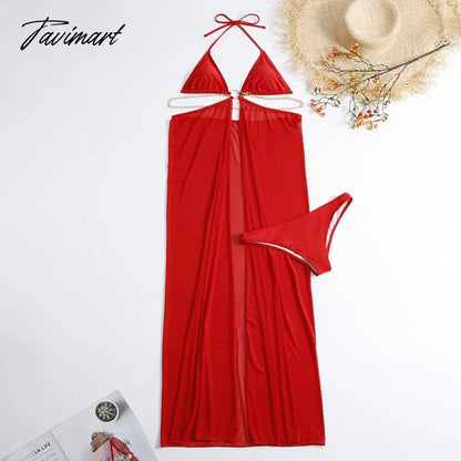 Sexy Bikini Sets Cover-ups Beach Outfits Swimwear for Women Three Piece Lace Up Elegant Bikini Blouse Chiffon Long Dress