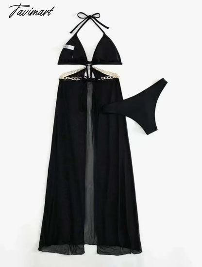 Sexy Bikini Sets Cover-ups Beach Outfits Swimwear for Women Three Piece Lace Up Elegant Bikini Blouse Chiffon Long Dress