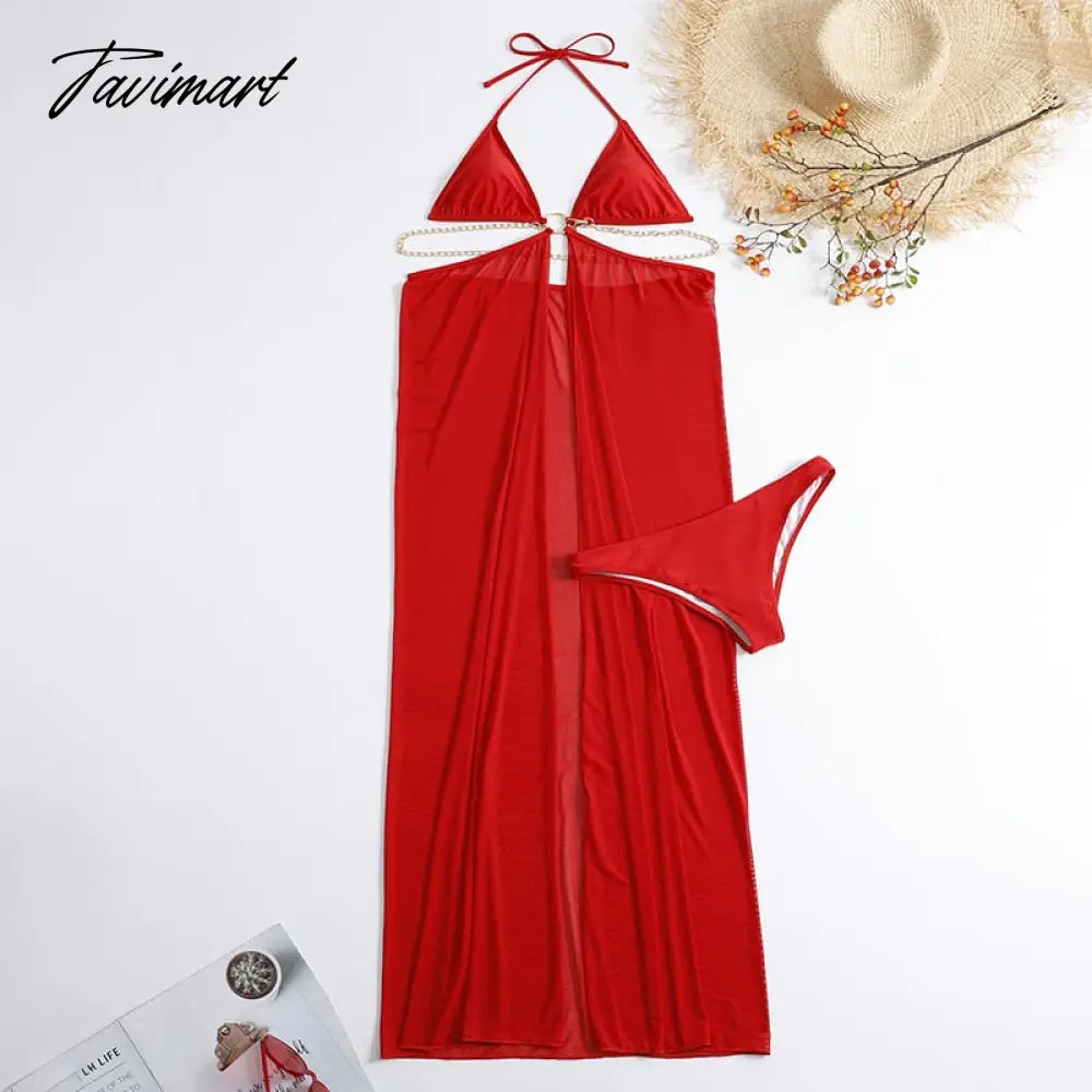 Sexy Bikini Sets Cover-ups Beach Outfits Swimwear for Women Three Piece Lace Up Elegant Bikini Blouse Chiffon Long Dress