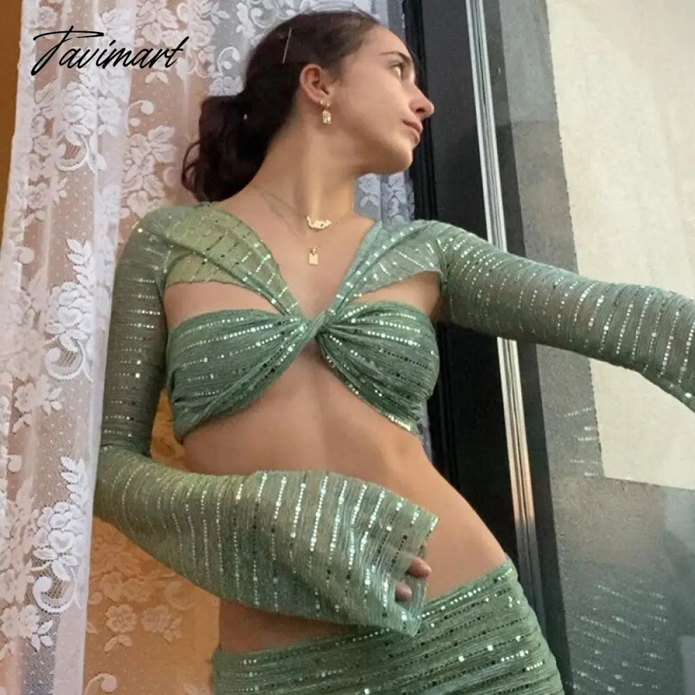 Sexy Bling Glitter Sequins Bell Long Sleeve Crop Top Women Lace Up Y2k Clothes Backless See Through Party Clubwear