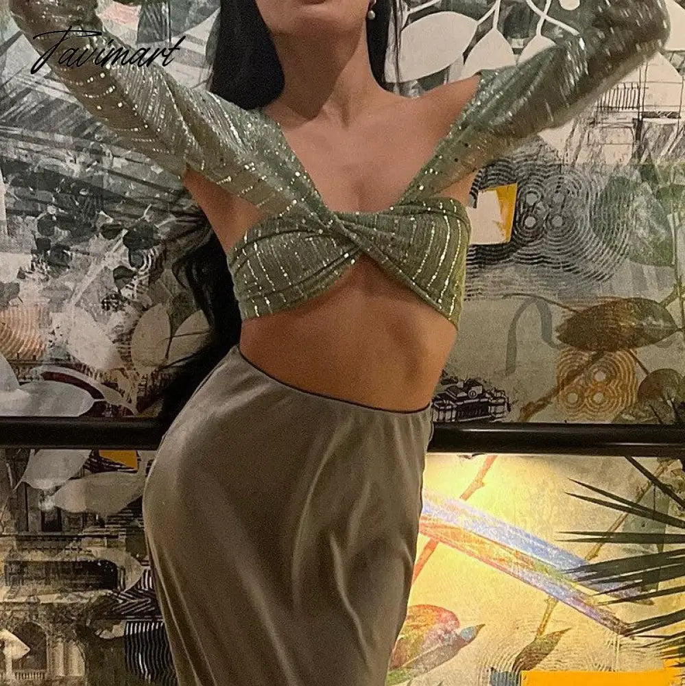 Sexy Bling Glitter Sequins Bell Long Sleeve Crop Top Women Lace Up Y2k Clothes Backless See Through Party Clubwear