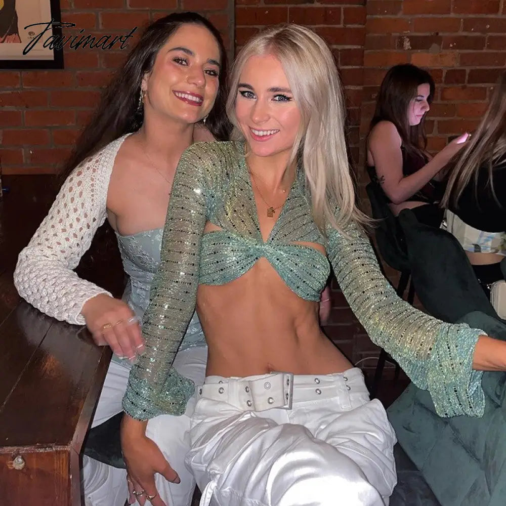 Sexy Bling Glitter Sequins Bell Long Sleeve Crop Top Women Lace Up Y2k Clothes Backless See Through Party Clubwear