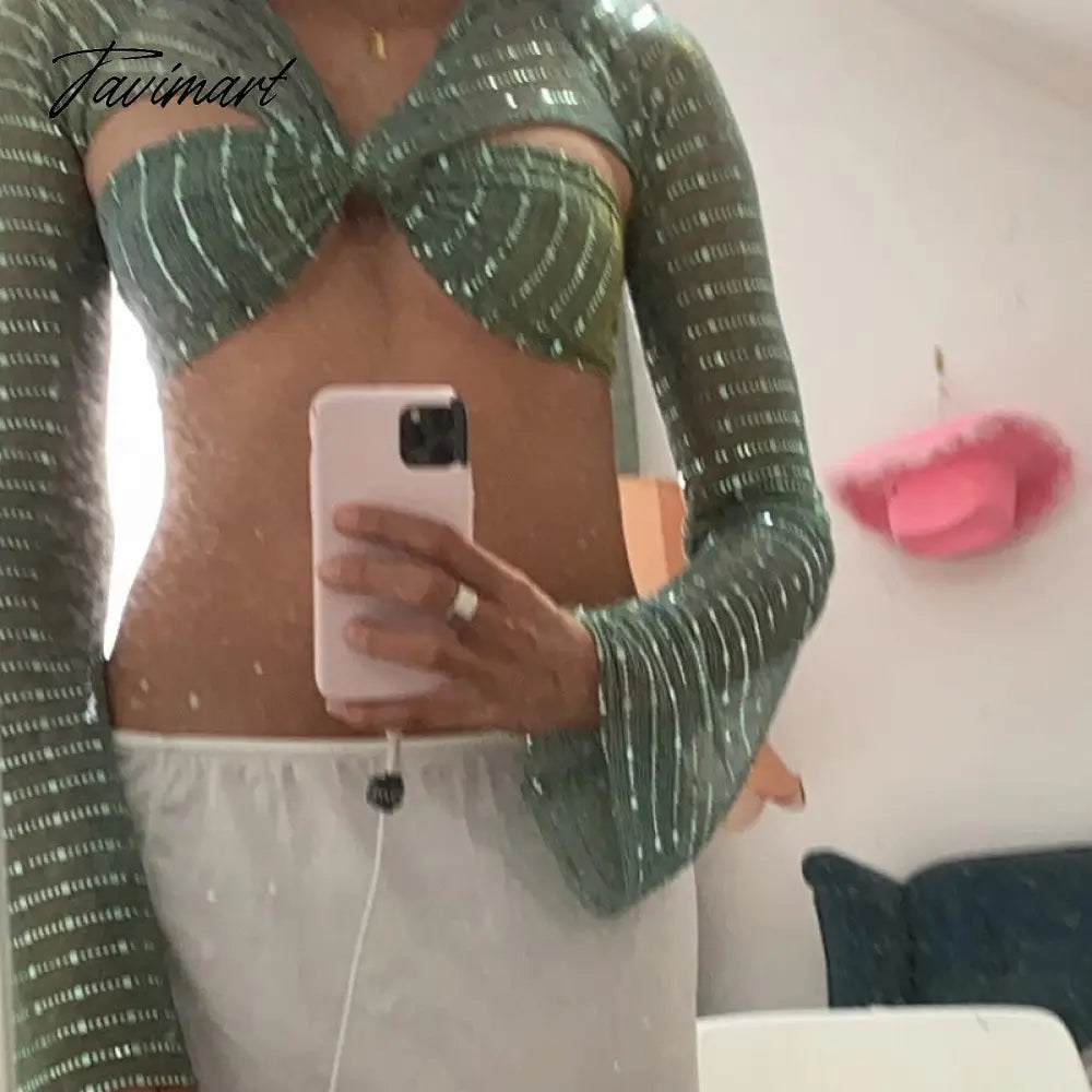 Sexy Bling Glitter Sequins Bell Long Sleeve Crop Top Women Lace Up Y2k Clothes Backless See Through Party Clubwear