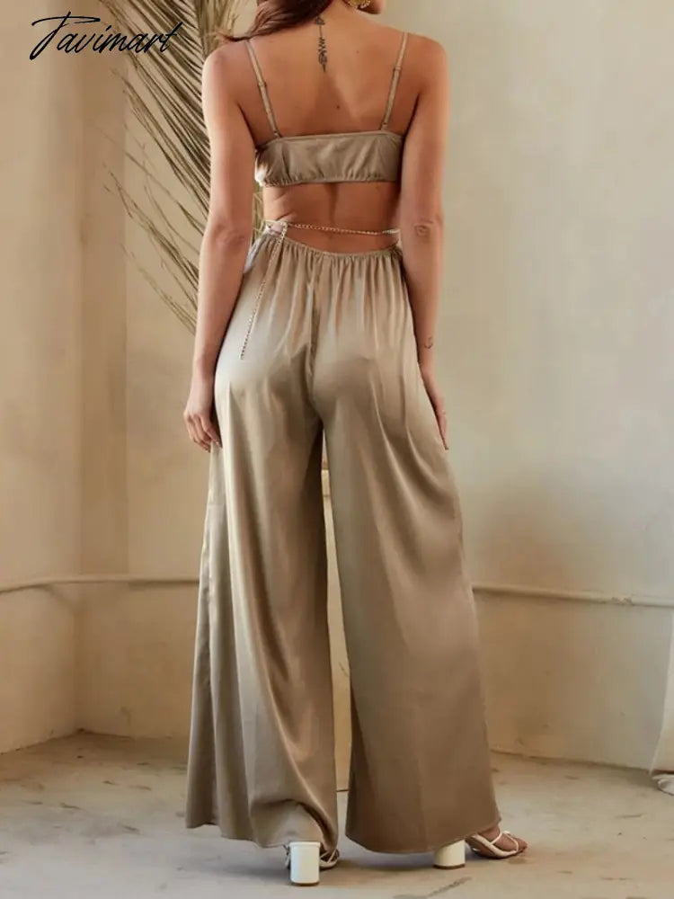 Sexy Champagne Color Hollow Out Party Jumpsuit for Women Summer Elegant V-neck Backless High Waist Wide Leg Pants Overalls