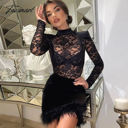 Sexy Lace See Through Dress with Feathers, Black Lace Bodycon, Slim Sheath, Long Sleeve, Mini Dresses, Night Club Party Outfit,