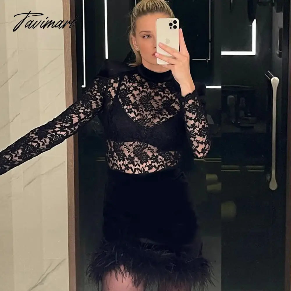 Sexy Lace See Through Dress with Feathers, Black Lace Bodycon, Slim Sheath, Long Sleeve, Mini Dresses, Night Club Party Outfit,