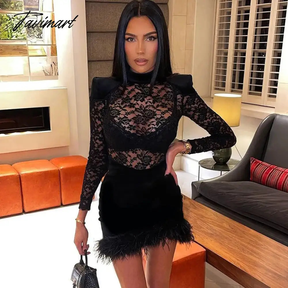 Sexy Lace See Through Dress with Feathers, Black Lace Bodycon, Slim Sheath, Long Sleeve, Mini Dresses, Night Club Party Outfit,