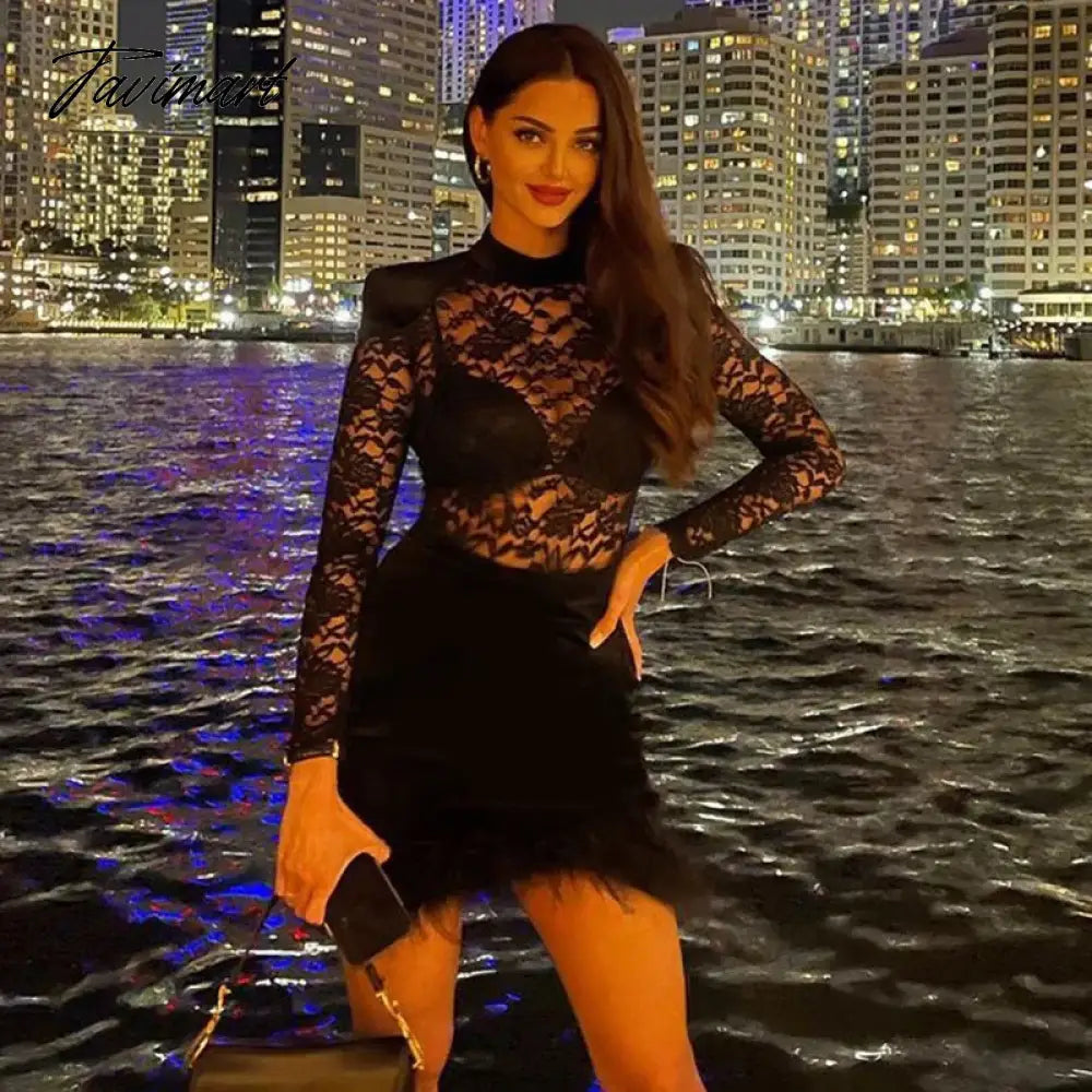 Sexy Lace See Through Dress with Feathers, Black Lace Bodycon, Slim Sheath, Long Sleeve, Mini Dresses, Night Club Party Outfit,