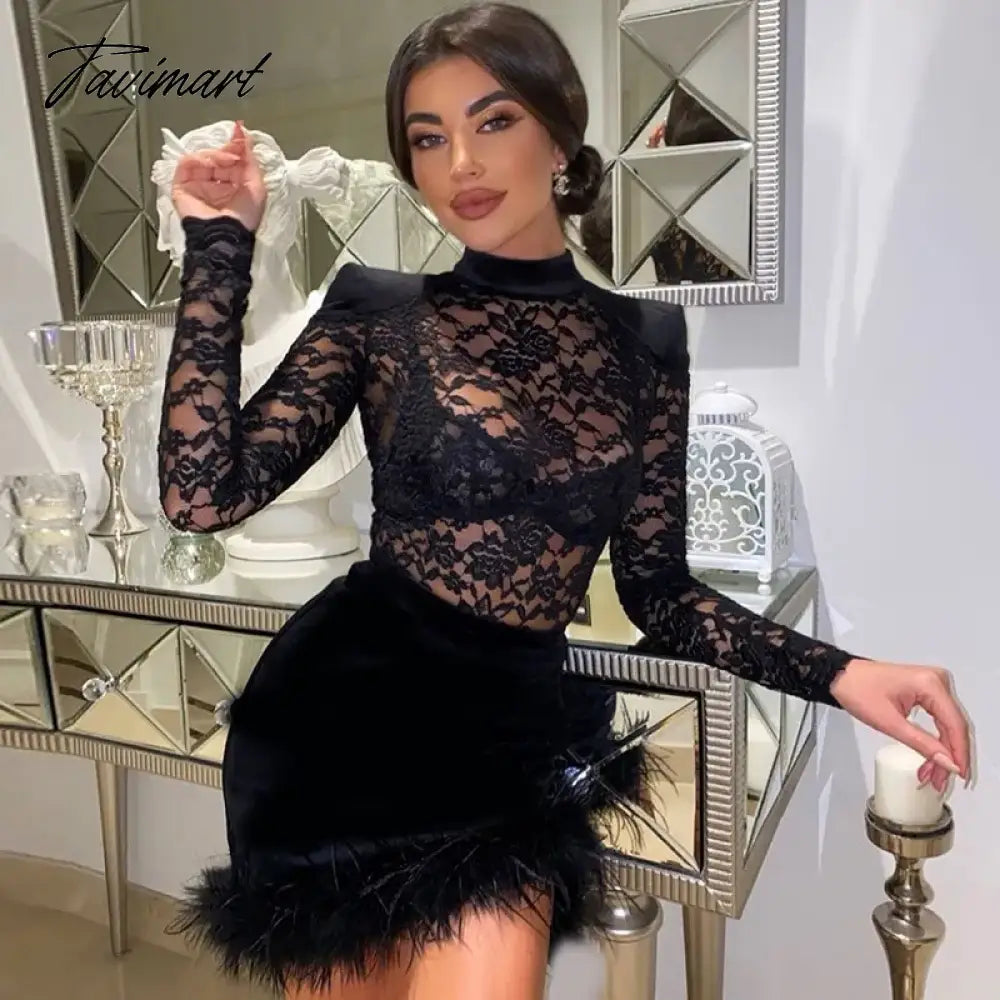 Sexy Lace See Through Dress with Feathers, Black Lace Bodycon, Slim Sheath, Long Sleeve, Mini Dresses, Night Club Party Outfit,