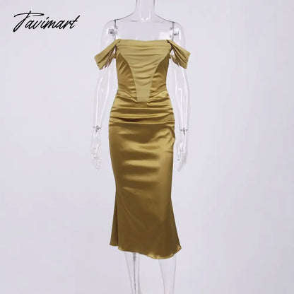 Sexy Off Shoulder Women Satin Maxi Dresses Summer Slash Neck Mesh Patchwork Ruched Bodycon Mermaid Club Party Long Dress Clothes