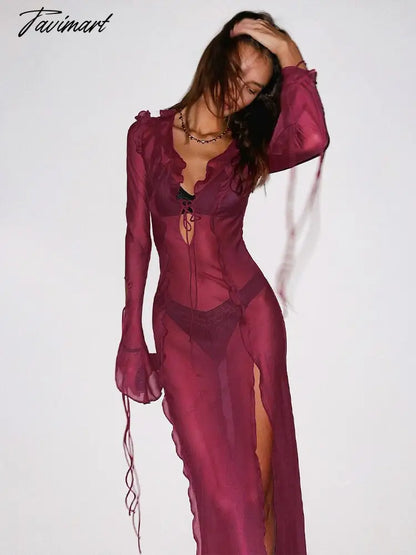 Sexy Perspective V Neck Ruffle Red Mesh Dress For Women Summer Sundress Elegant Side Split Party Evening Dresses A1942