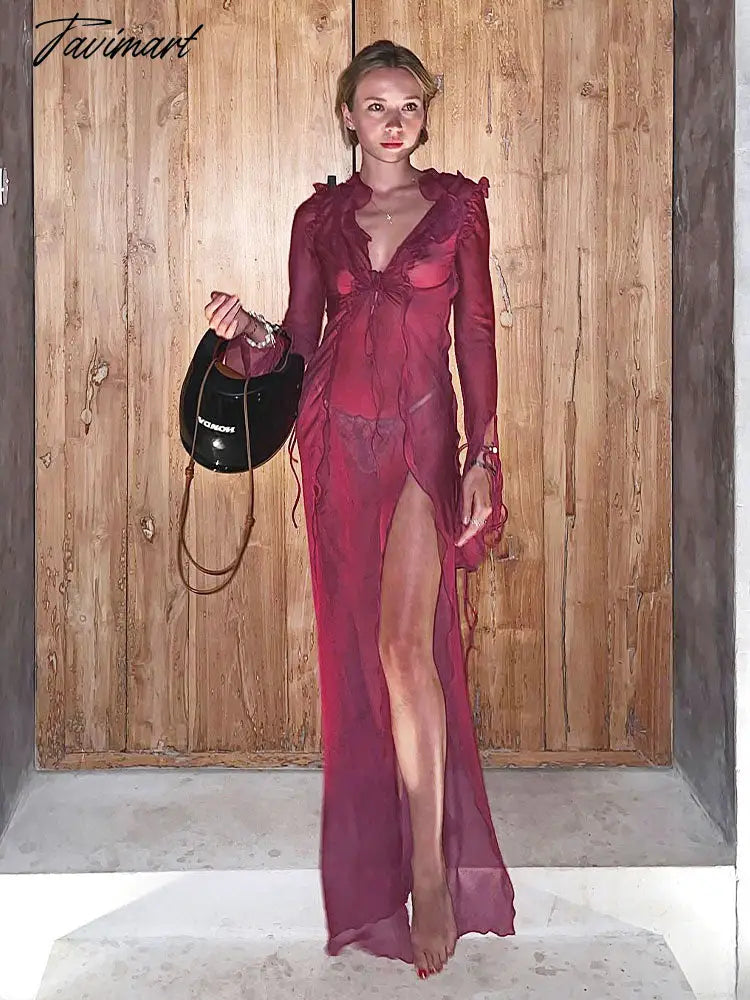Sexy Perspective V Neck Ruffle Red Mesh Dress For Women Summer Sundress Elegant Side Split Party Evening Dresses A1942
