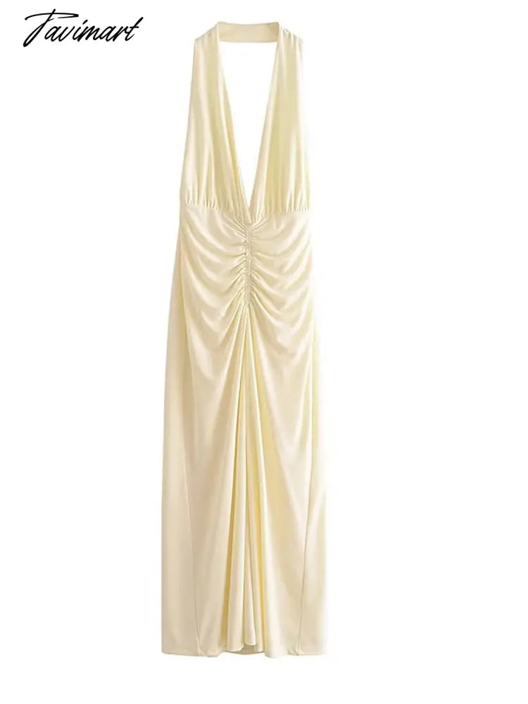 Sexy Pleated Midi Long Dress for Women Fashion Hang V-neck Sleeveless Solid Dresses Summer Casual Female Party Club Vestido