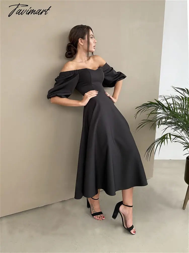 Sexy Slash Neck High Waist a Line Midi Dress Half Sleeve Elegant Party Evening Wear Spring Female Long Dress