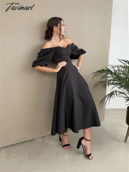 Sexy Slash Neck High Waist a Line Midi Dress Half Sleeve Elegant Party Evening Wear Spring Female Long Dress