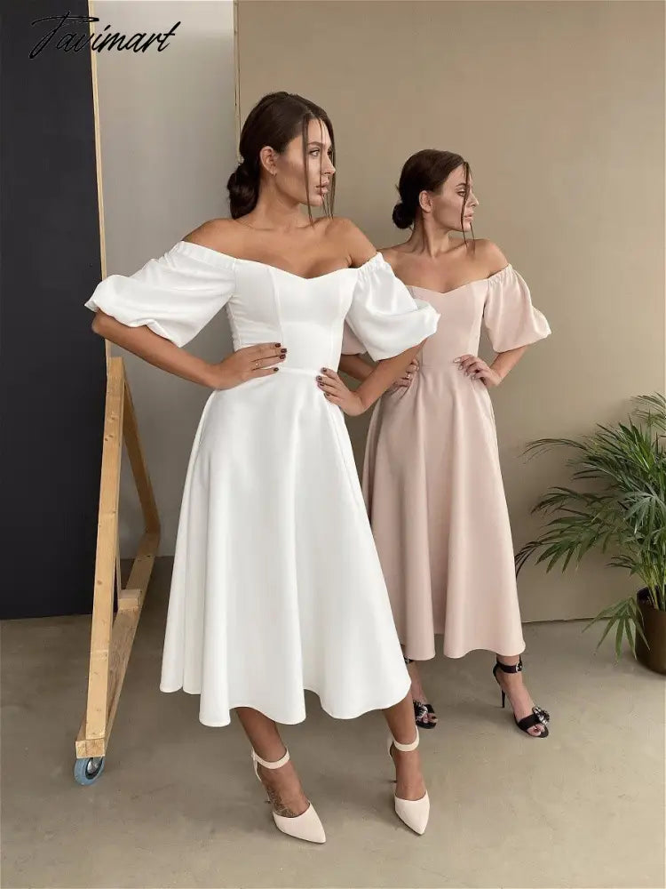 Sexy Slash Neck High Waist a Line Midi Dress Half Sleeve Elegant Party Evening Wear Spring Female Long Dress