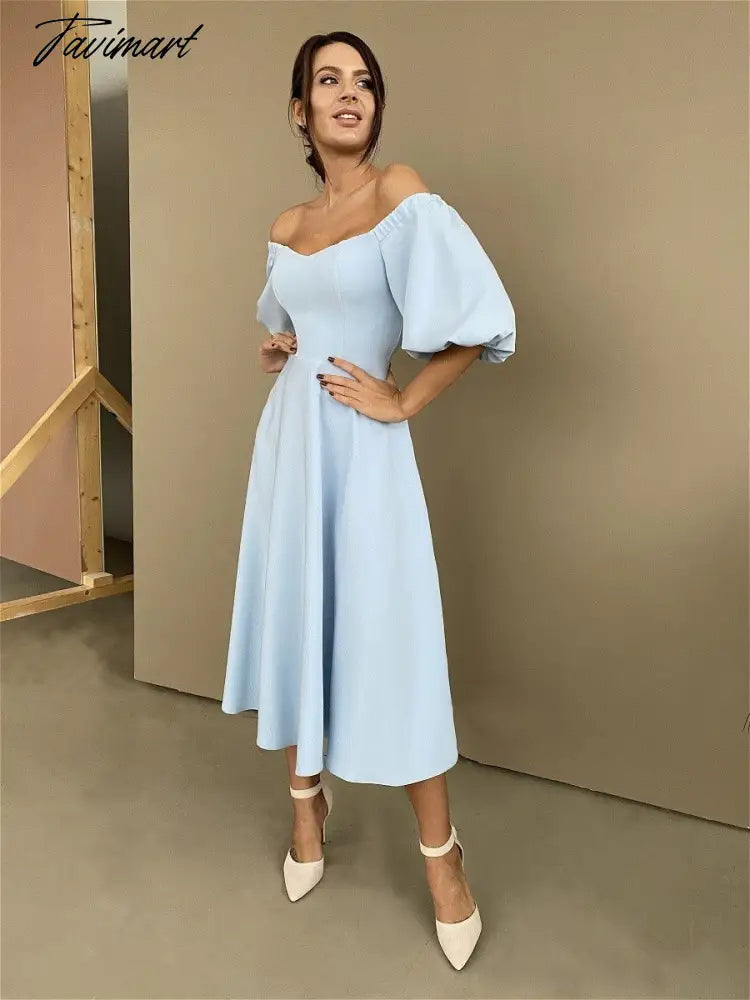 Sexy Slash Neck High Waist a Line Midi Dress Half Sleeve Elegant Party Evening Wear Spring Female Long Dress