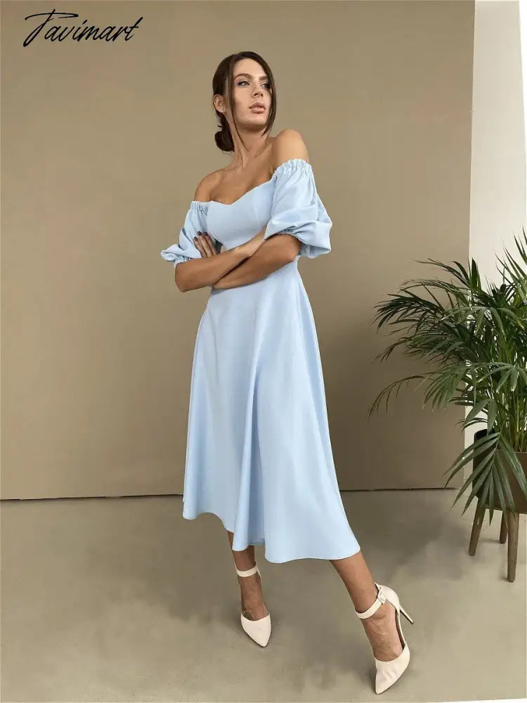 Sexy Slash Neck High Waist a Line Midi Dress Half Sleeve Elegant Party Evening Wear Spring Female Long Dress