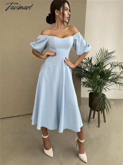 Sexy Slash Neck High Waist a Line Midi Dress Half Sleeve Elegant Party Evening Wear Spring Female Long Dress