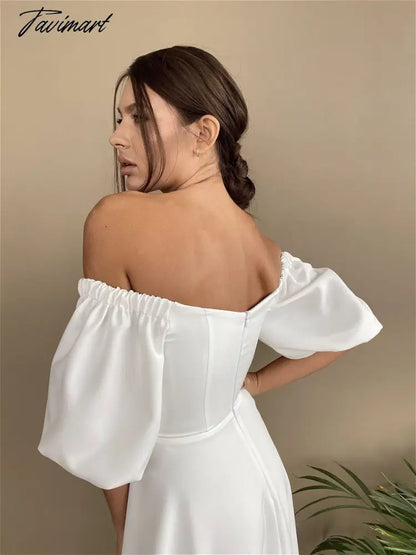 Sexy Slash Neck High Waist a Line Midi Dress Half Sleeve Elegant Party Evening Wear Spring Female Long Dress