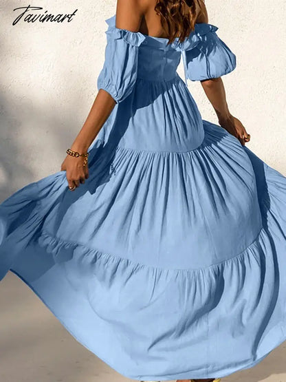 Sexy Slash Neck Solid Dress Summer Women Casual Butterfly Sleeve Dress Elegant Holiday Fashion Boho Long Dresses A1795