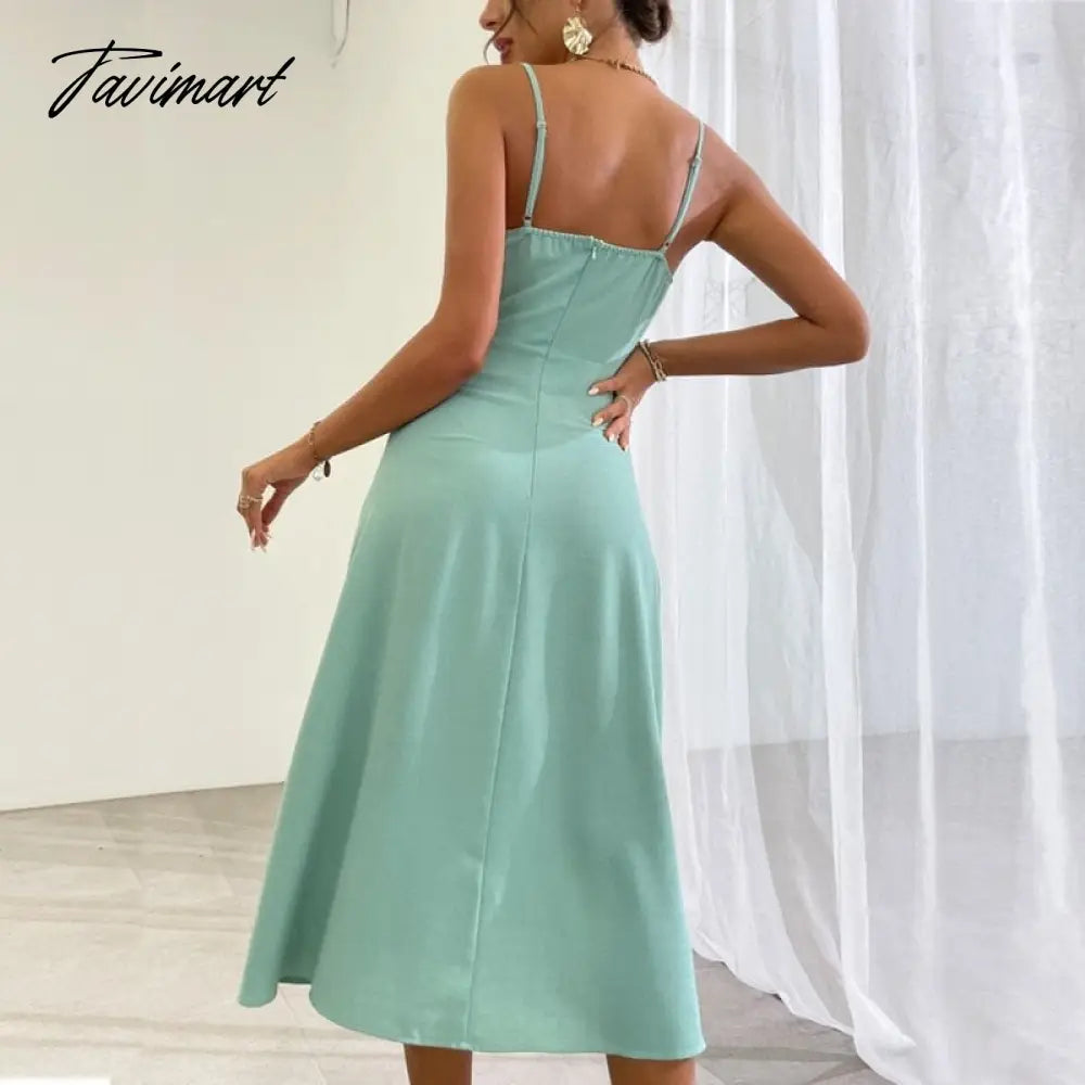 Sexy Slit Dress for Women Summer Dresses New Elegant Fashion Solid Color V-Neck Backless Zipper Midi A-line Dress