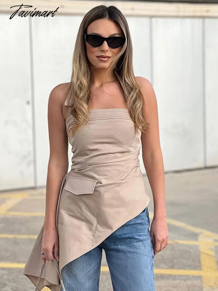 Sexy Solid Irregular Halter Tops Women Elegant Slim Pocket Strapless T-shirt Ladies Summer Fashion Chic Female Streetwear