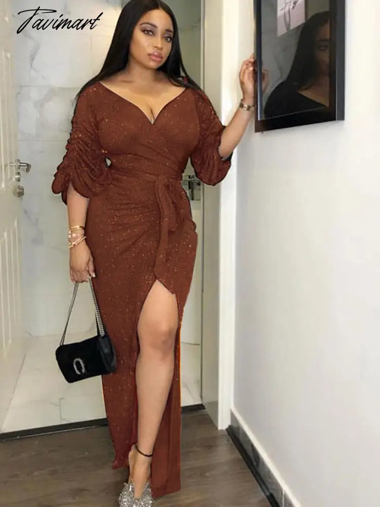 Sexy Solid Wrap Slim Dress Spring/Autumn Vintage Elegant V-neck Long Sleeve Dress Split Slit Waist Mid-Calf Dresses A1920