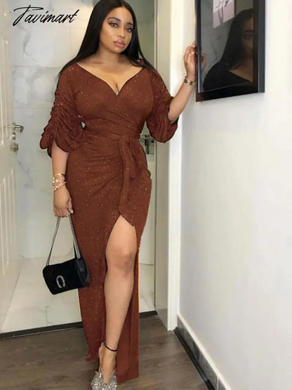 Sexy Solid Wrap Slim Dress Spring/Autumn Vintage Elegant V-neck Long Sleeve Dress Split Slit Waist Mid-Calf Dresses A1920
