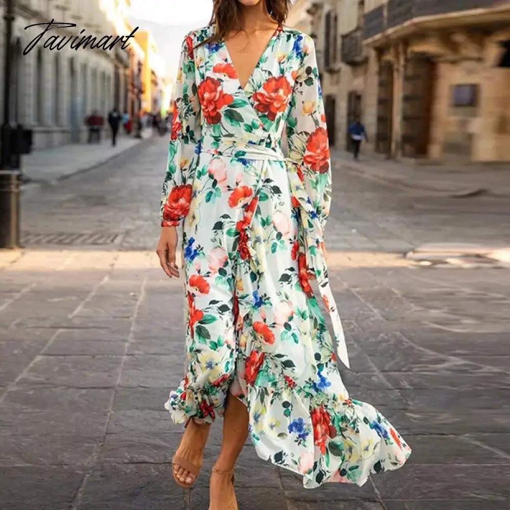 Sexy Split Irregular Party Maxi Dress Women Floral Print Long Sleeve Chiffon Dress Elegant Lady V Neck Ruffle Swing Beach Dress