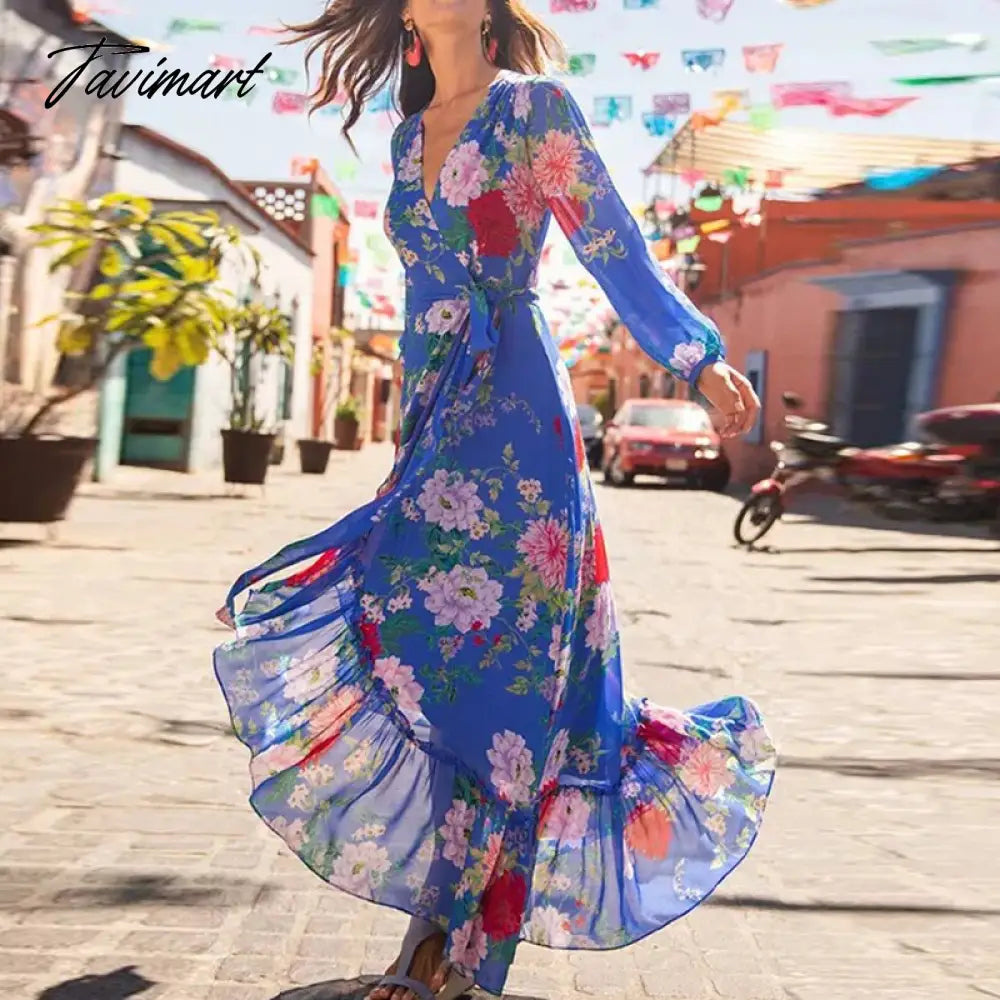 Sexy Split Irregular Party Maxi Dress Women Floral Print Long Sleeve Chiffon Dress Elegant Lady V Neck Ruffle Swing Beach Dress