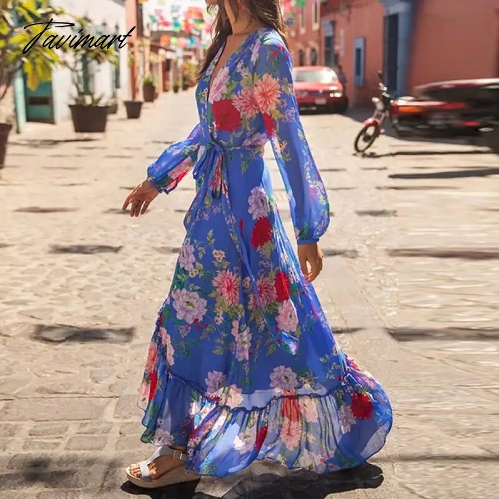 Sexy Split Irregular Party Maxi Dress Women Floral Print Long Sleeve Chiffon Dress Elegant Lady V Neck Ruffle Swing Beach Dress