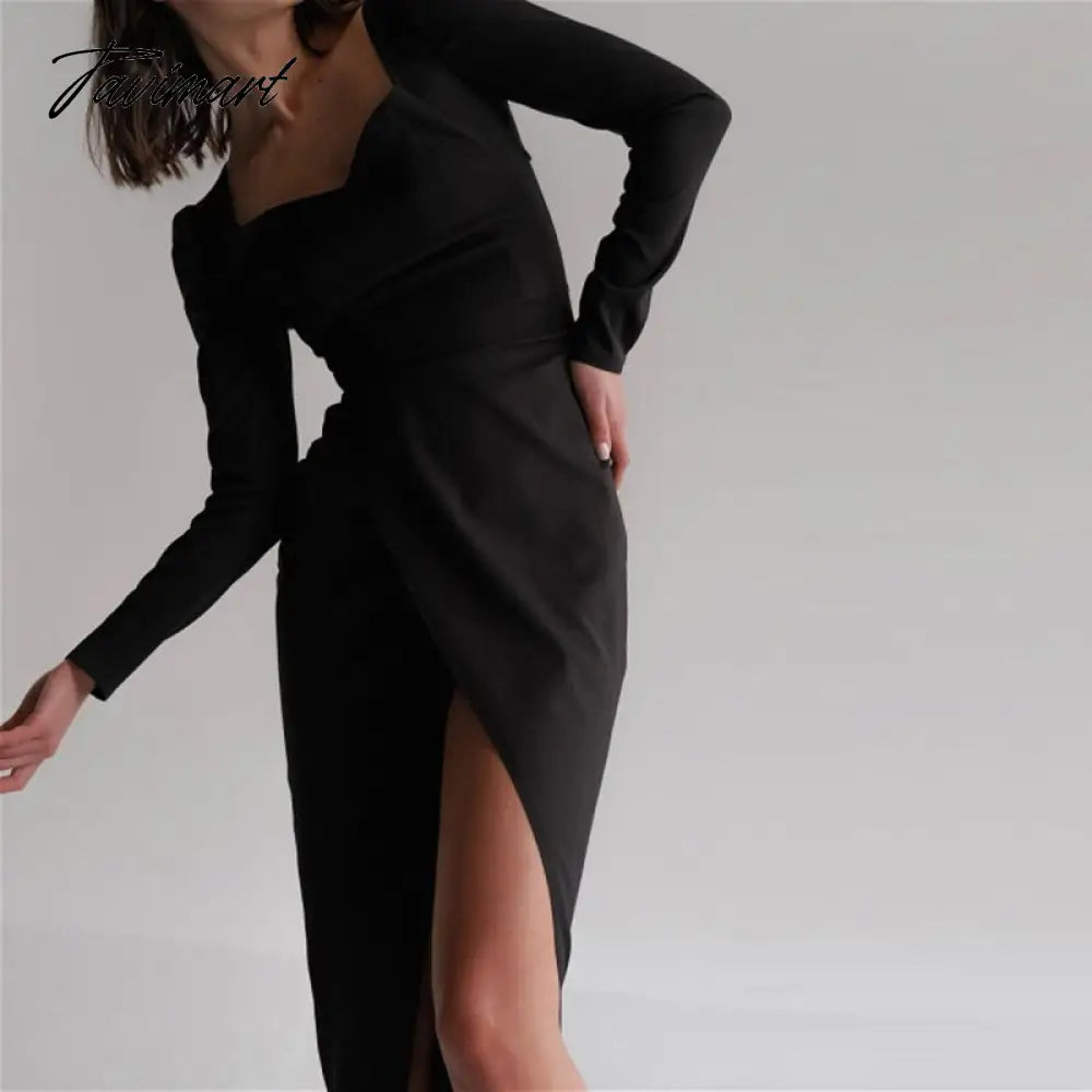 Sexy Square Collar High Slit Bodycon Dress Autumn Elegant Long Sleeve High Waist Night Long Party Dresses For Women