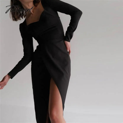 Sexy Square Collar High Slit Bodycon Dress Autumn Elegant Long Sleeve High Waist Night Long Party Dresses For Women