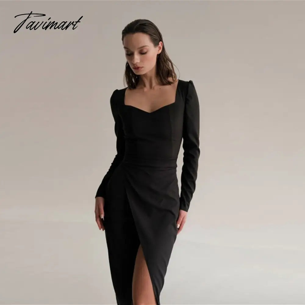 Sexy Square Collar High Slit Bodycon Dress Autumn Elegant Long Sleeve High Waist Night Long Party Dresses For Women