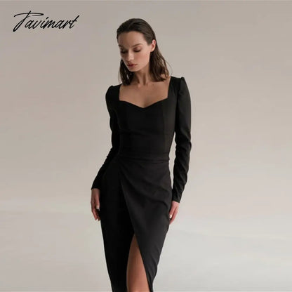 Sexy Square Collar High Slit Bodycon Dress Autumn Elegant Long Sleeve High Waist Night Long Party Dresses For Women