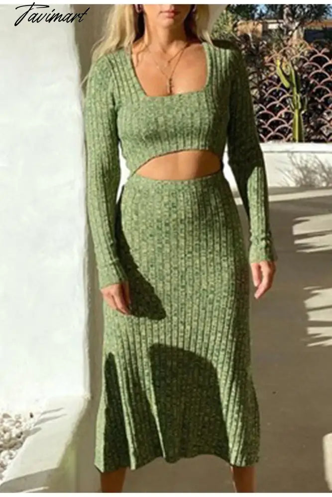 Sexy Square Collar High Waist Hollow Out Green Maxi Dress Long Sleeve Slim Knitted Autumn Winter платье женское