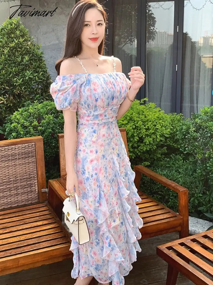 Sexy Strap Off Shoulder Summer Dress For Women New Floral Pleated French Temperament Beautiful Long Dress