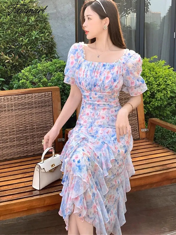 Sexy Strap Off Shoulder Summer Dress For Women New Floral Pleated French Temperament Beautiful Long Dress