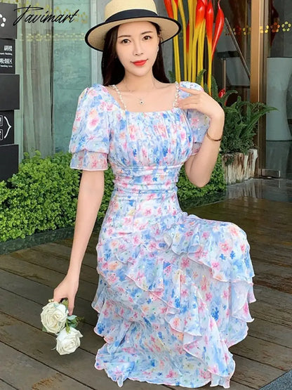 Sexy Strap Off Shoulder Summer Dress For Women New Floral Pleated French Temperament Beautiful Long Dress